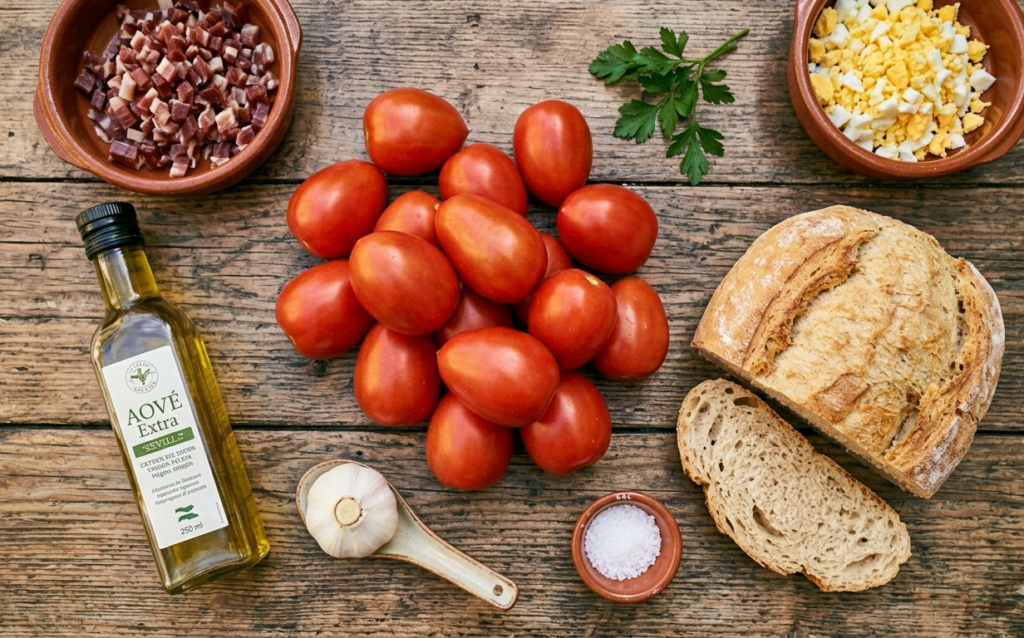 mesa con tomate de pera, pan, aove, ajo y sal para preparar salmorejo