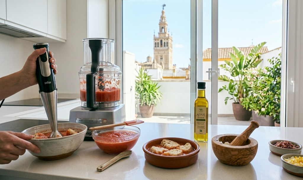 modo de preparar el salmorejo, triturar el tomate